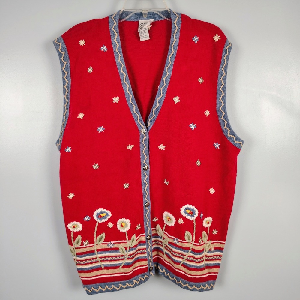 Koret Womens XL City Blues Floral Embroidered Knit Vest Red Ramie Cottagecore